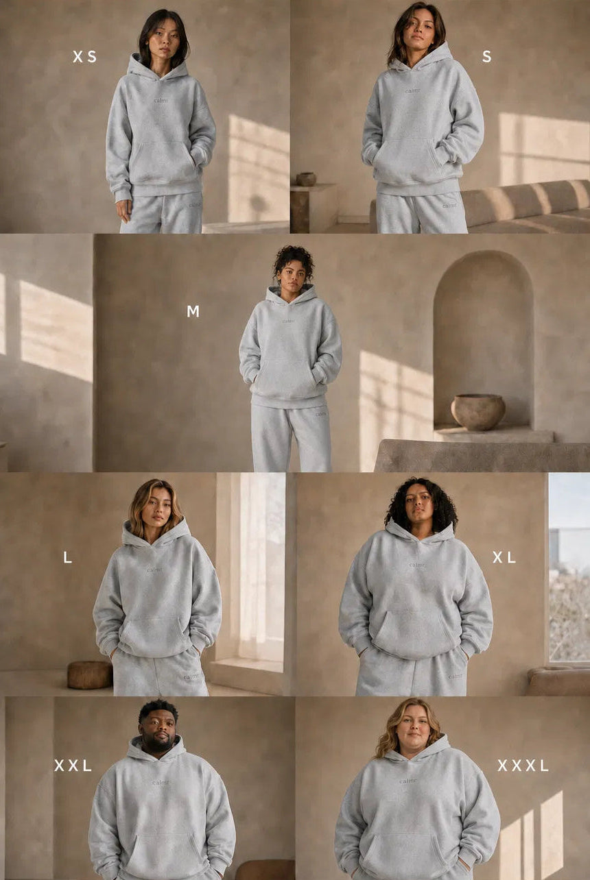 Size guide for a gray hoodie showing different sizes worn by people in various settings.