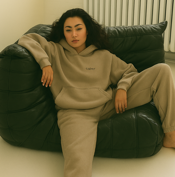 Woman sitting on a black leather ottoman wearing a beige hoodie and pants.